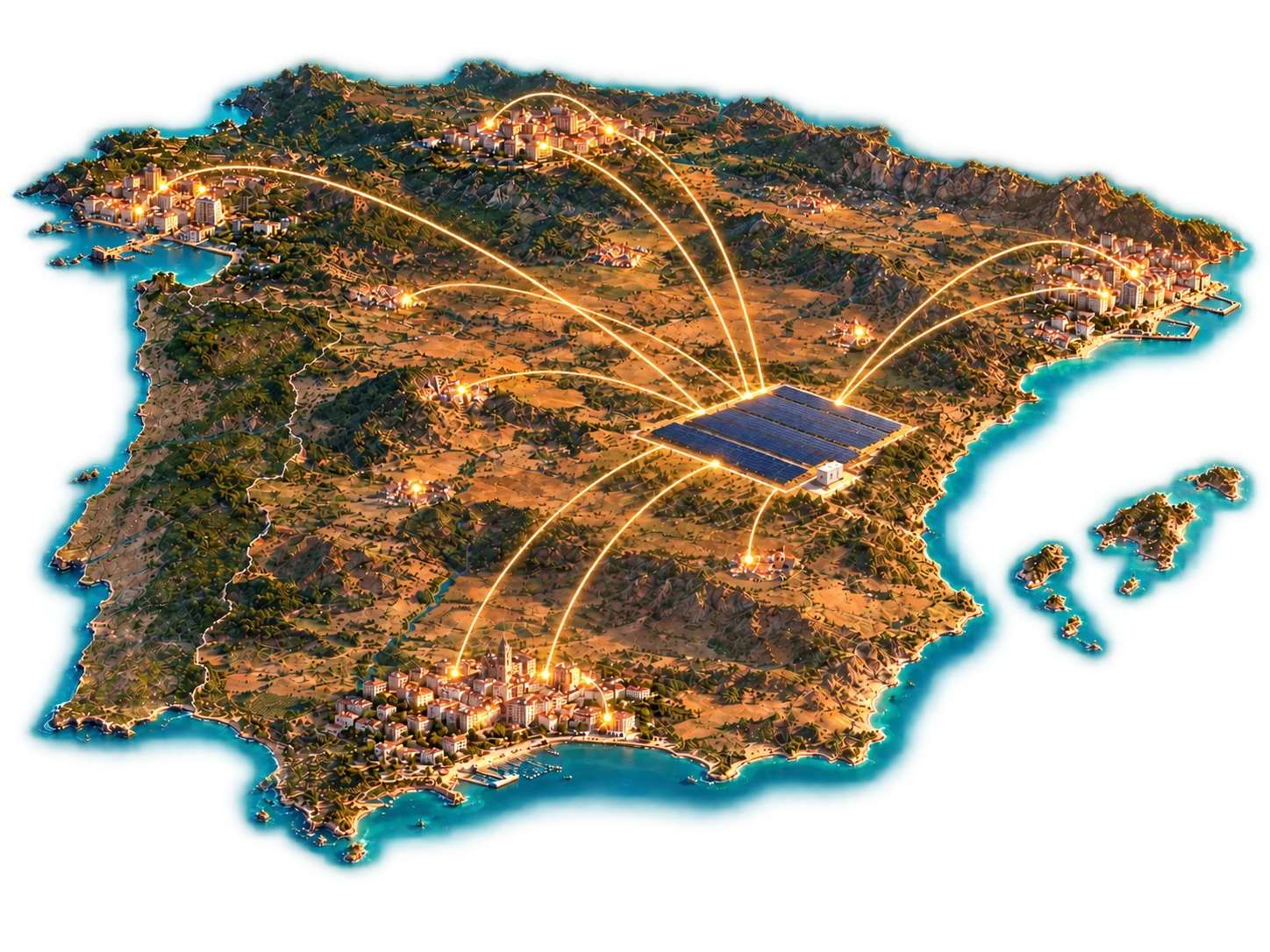 Mapa conceptual de España con un parque solar conectado a edificios de viviendas y negocios a gran distancia.